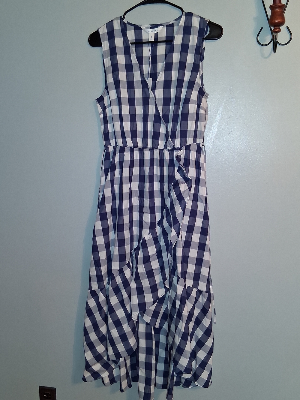 Elevated Basic Cottagecore Navy and White Gingham Ruffle Dress
